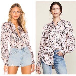 EQUIPMENT Floral Satin Draped Puff‎ Long Sleeve Button Up Stand Collar Blouse S